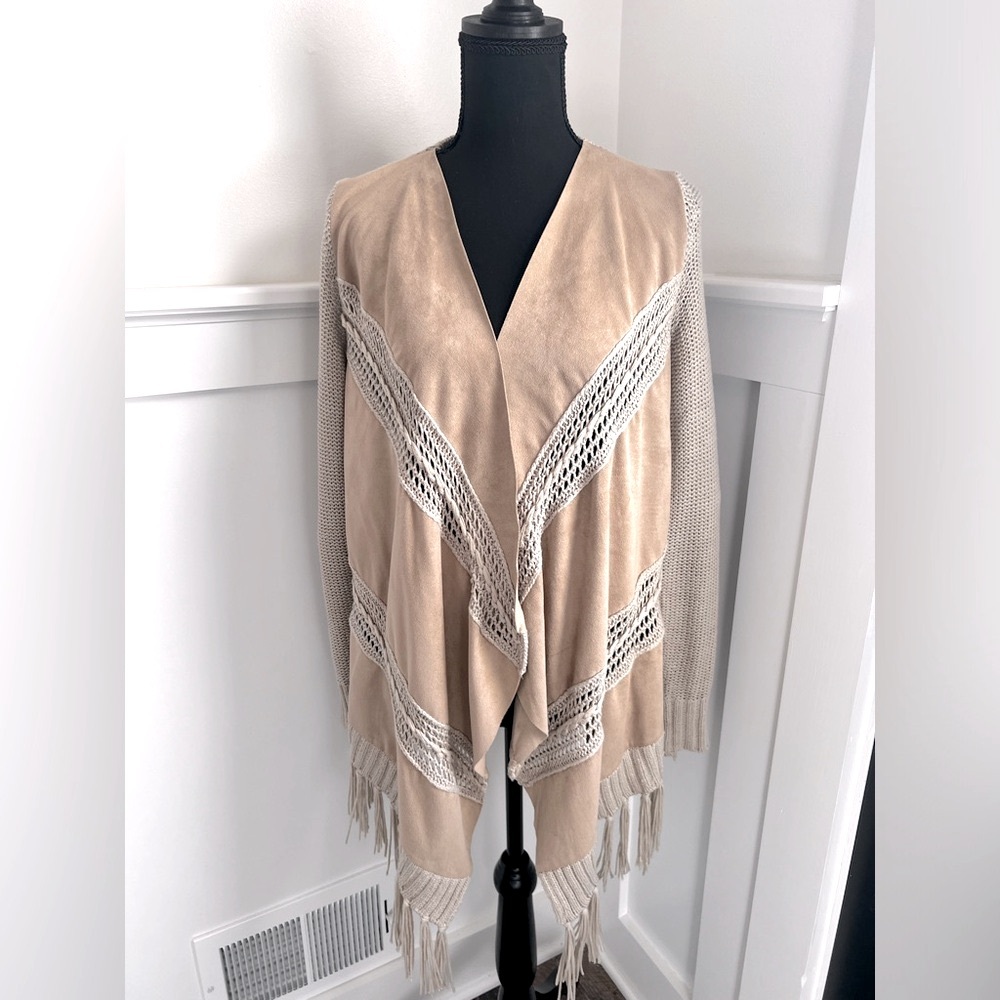 INC open Cardigan faux suede and knit w/fringed bottom ~ Beige/Tan ~ Size Small